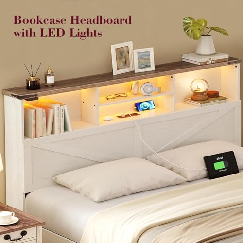 White Full Size Bed Frame with Bookshelf Headboard and Storage Drawers G348