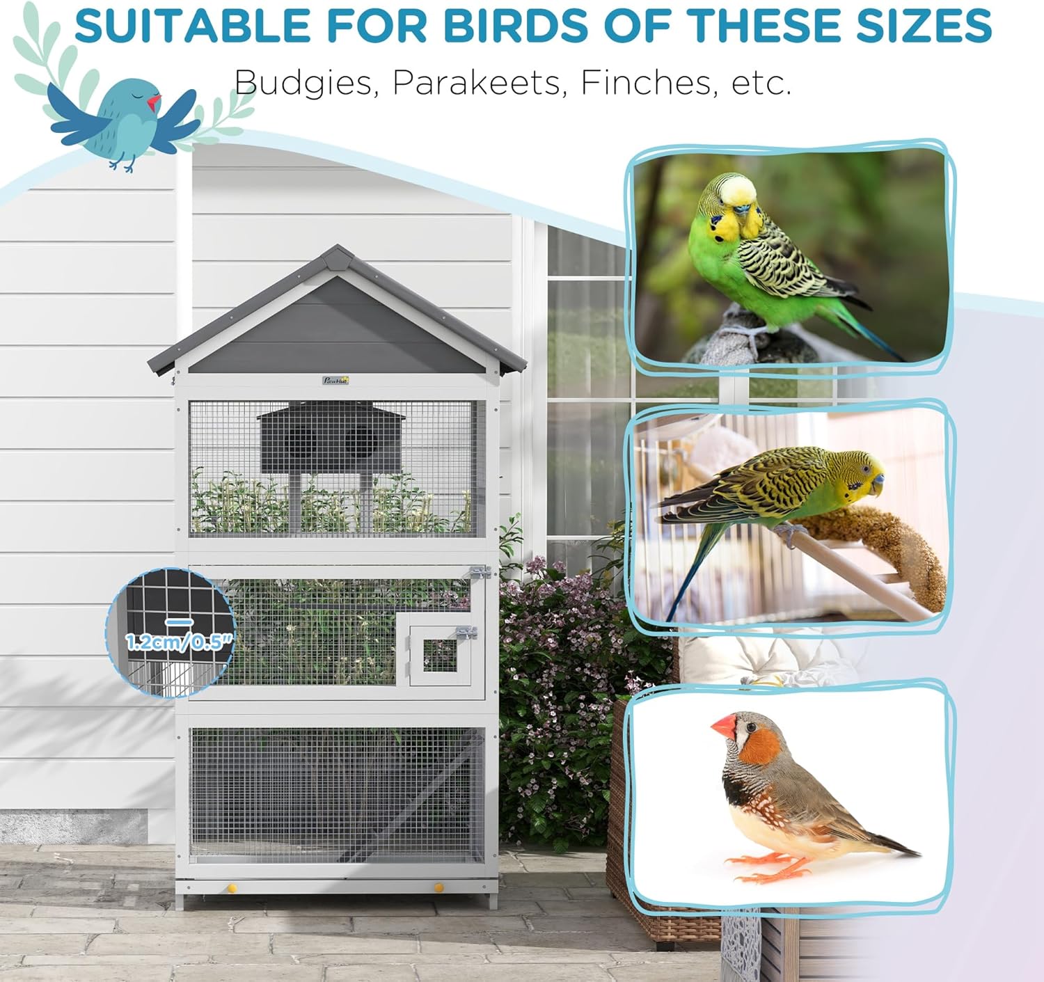 Gray Wooden Bird Cage with Slide-Out Tray I345921