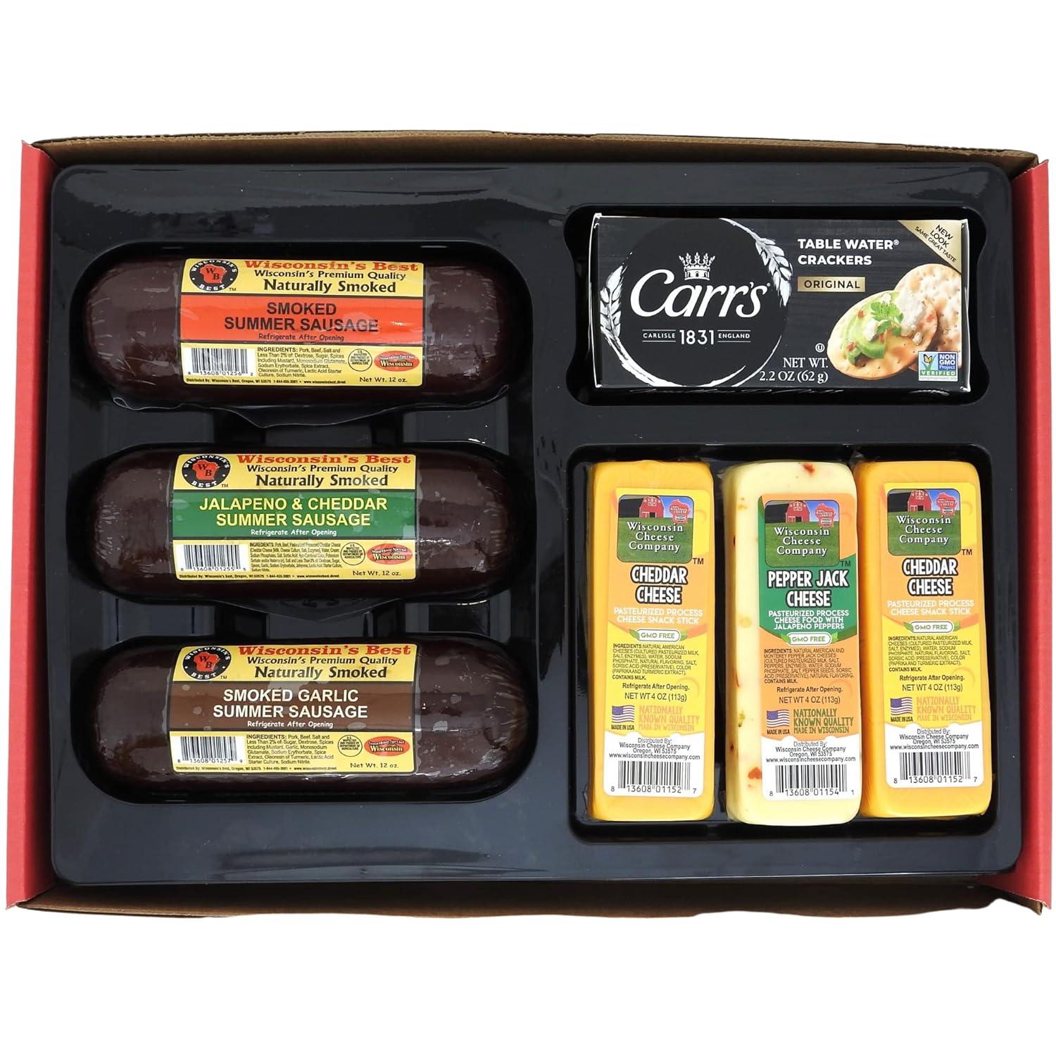 100% Cheddar & Pepper Jack Cheese, Smoked Sausage & Cracker Gift Box E308