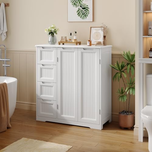 White Storage Cabinet with 4 Drawers & Double Doors T3772