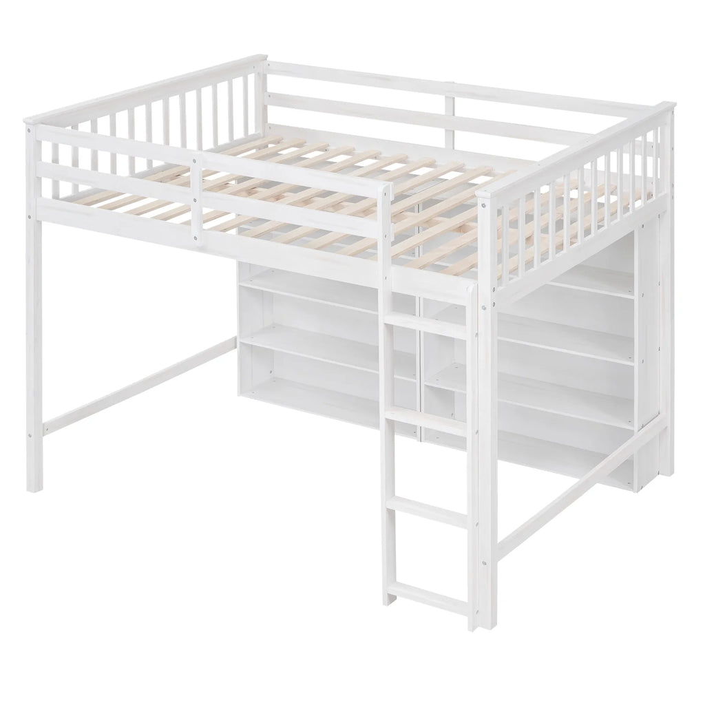 White Wood Full Size Loft Bed with 8 Open Storage Shelves O76639