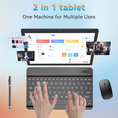10.1 Inch Android 14 Tablet, Octa-Core, 64GB ROM, 8GB RAM, 128GB Expandable, Dual Camera, 5G WiFi, Bluetooth, FHD IPS Screen, 2 in 1 Tablet with Keyboard, Case, Stylus Q116400