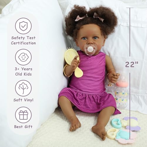 22" Realistic African American Newborn Baby Doll with Two Afro Puffs & Feeding Toys W87060