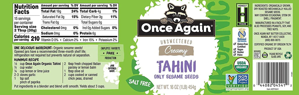16 oz Pack of 3 Organic Unsweetened Tahini T4392