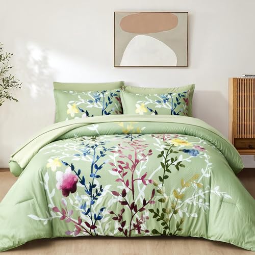 Sage Green King Floral Comforter Set with Sheets and Pillowcases J2890