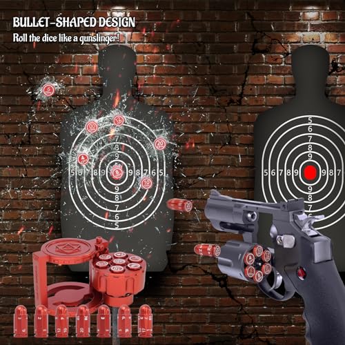 Metal Polyhedral Bullet Dice Set of 7 with Spinning Revolver Cylinder Container (Blue) J495712