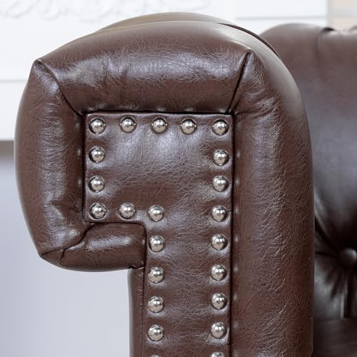 Brown Leather Square Arm Tufted Single Sofa Chair with Nailheads and Solid Wood Legs O898104