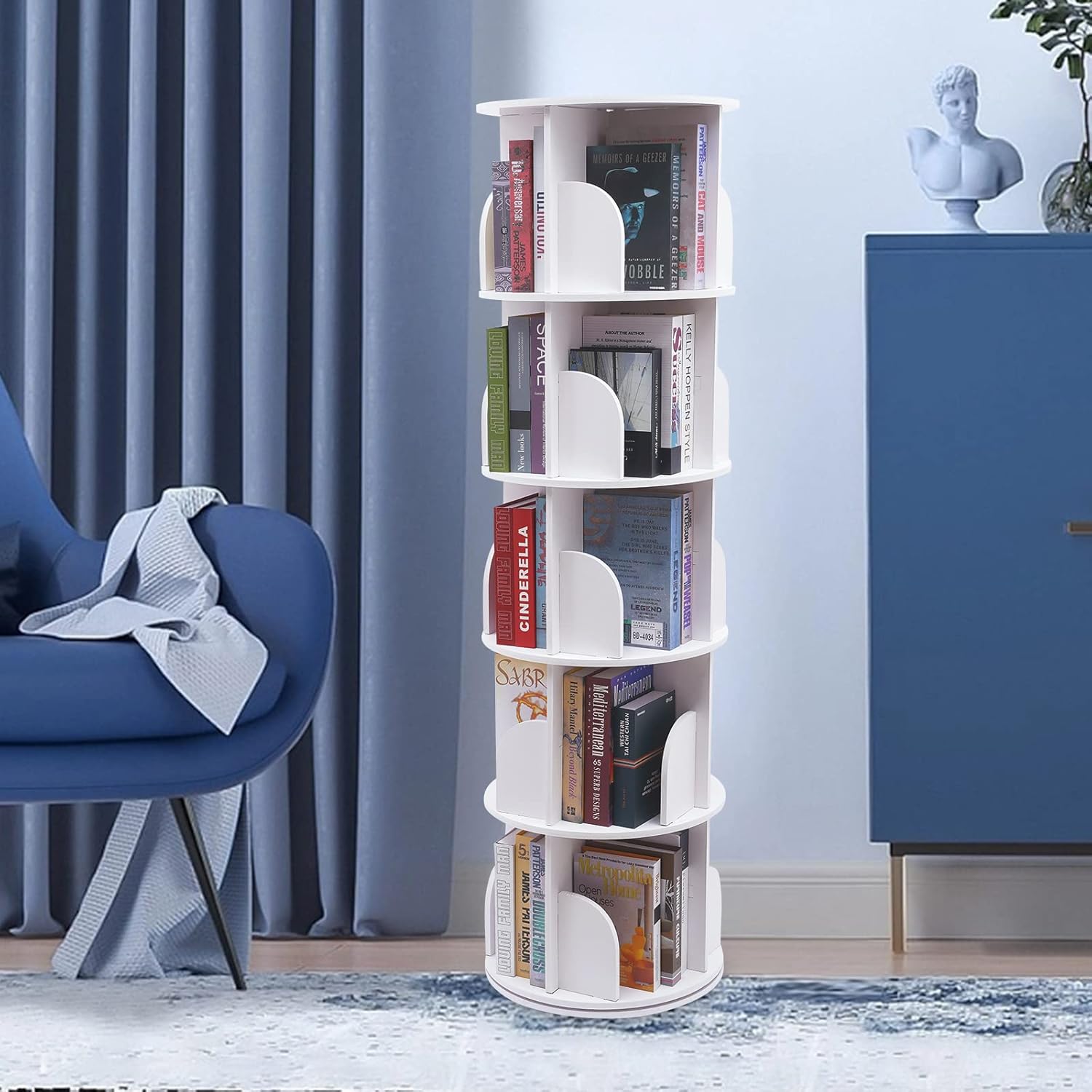 5 Tier 360° Rotating White PVC Board Bookshelf H838339