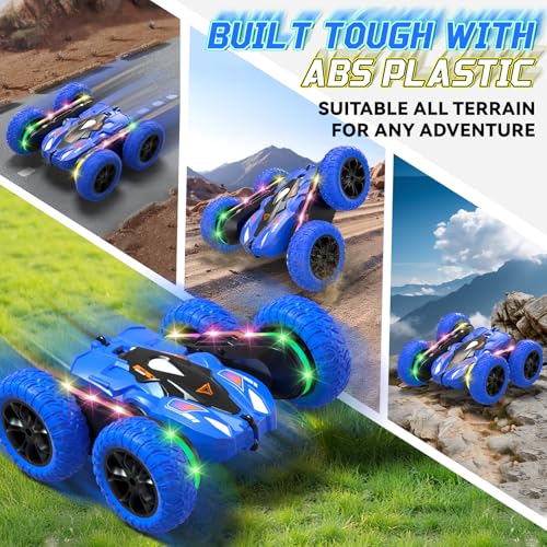 Remote Control Car with LED-Strips, 360° Flips Stunt Toy Cars, 40 Min Playtime with Dual Batteries & Extra Tires S11948
