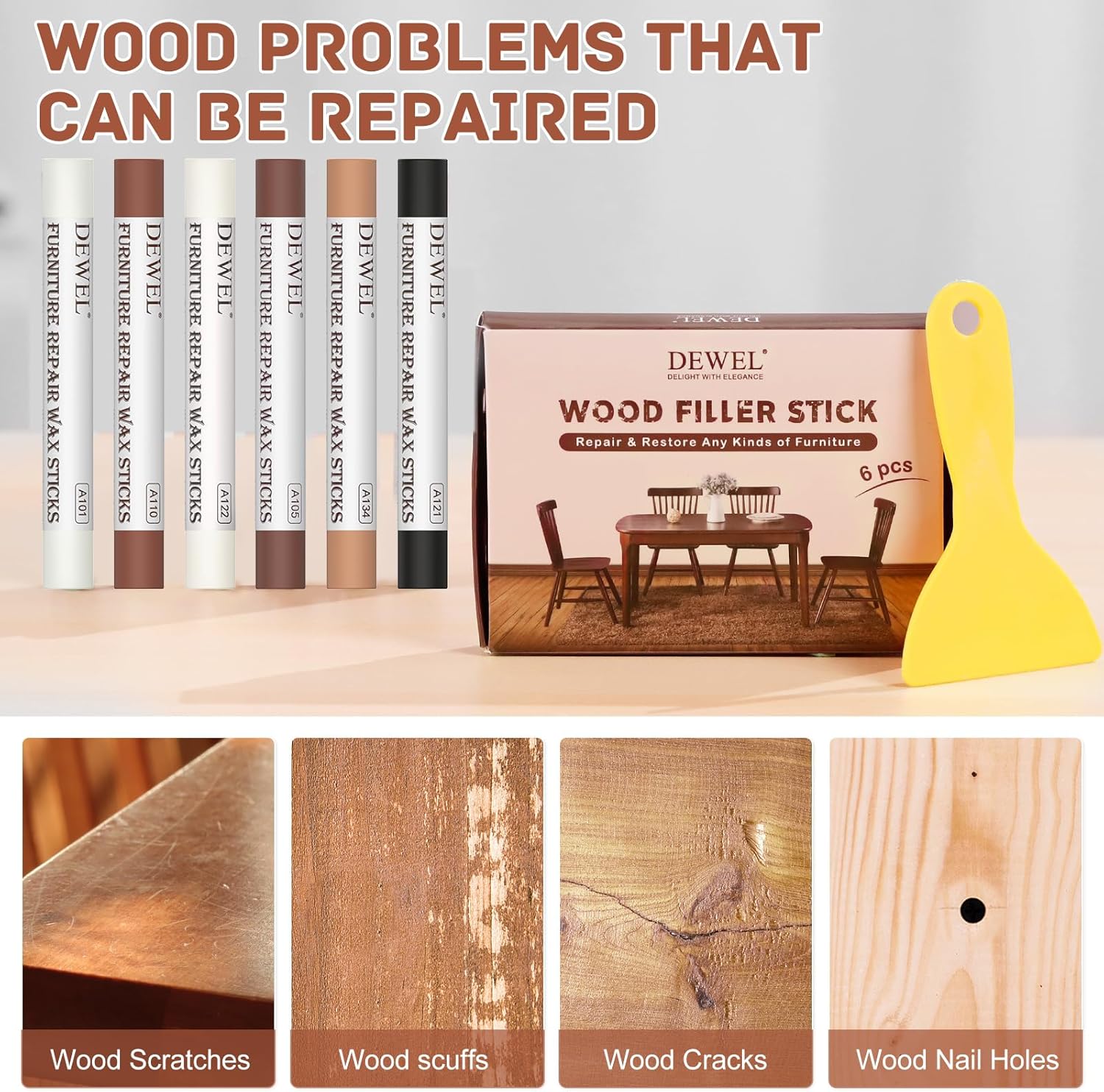6 Colors Wood Filler Sticks Repair Crayons Kit D969