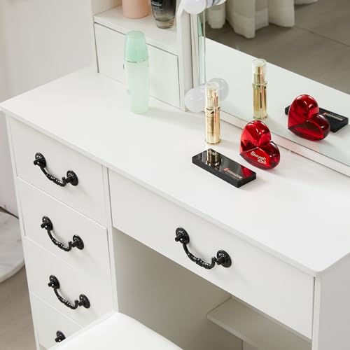 White Vanity Desk with Mirror and Light and Drawers Y229519
