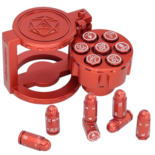 Metal Polyhedral Bullet Dice Set of 7 with Spinning Revolver Cylinder Container (Blue) J495712