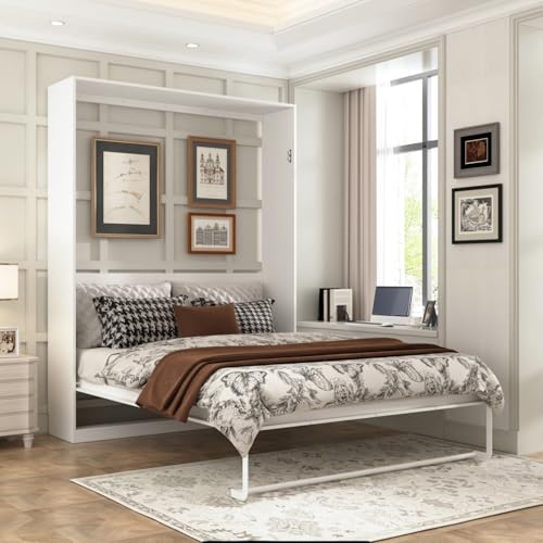 White Queen Size Murphy Wall Bed Cabinet Foldable Platform Bedframe M952141