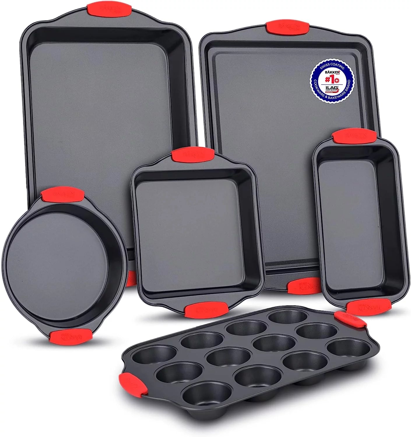 6 Piece Non-Stick Carbon Steel Bakeware Set with Red Silicone Handles Z7135