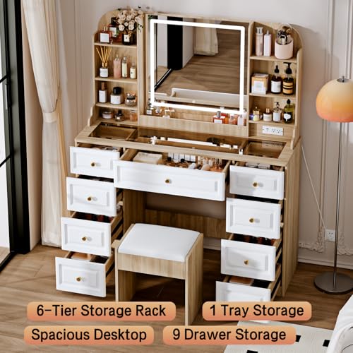 White 9 Drawer Glass Top Makeup Vanity Desk with Mirror and Lights C224