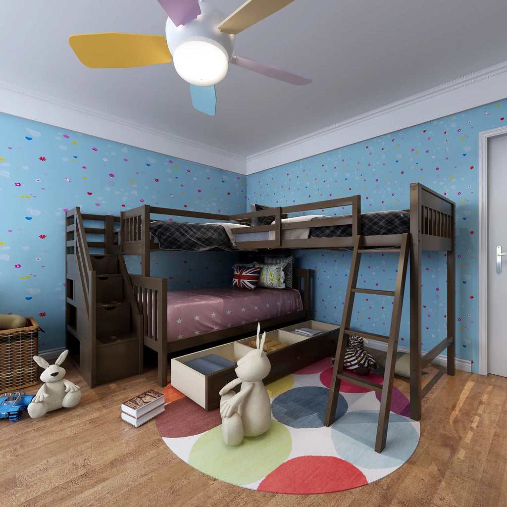 Twin Over Full L-Shaped Triple Bunk Bed with 3 Storage Drawers and Stairs B372387