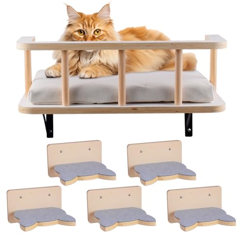 Natural Wood Cat Wall Shelves with 5 Steps D41925