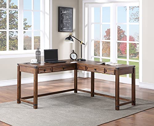 Rustic L-Shape Office Desk with Power Port Drawer, Champagne Oak Finish O314166