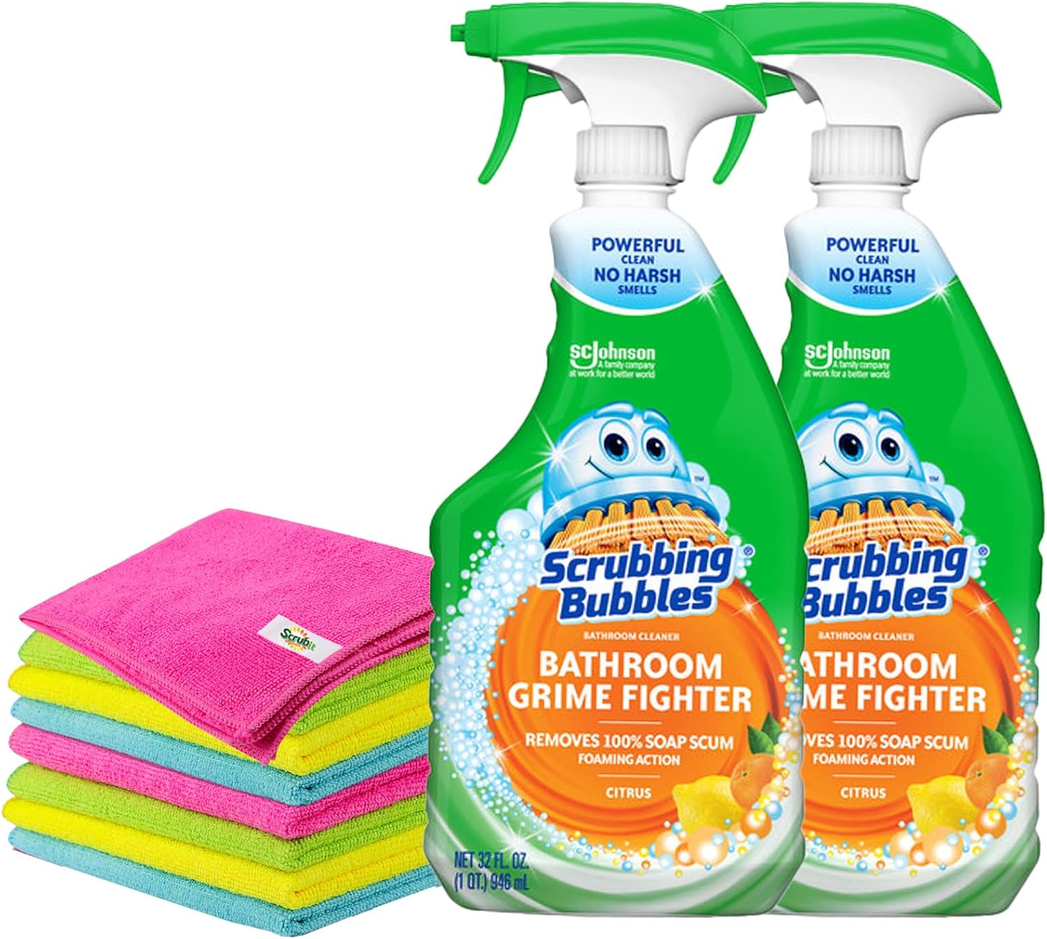 Citrus Bathroom Cleaner Spray, 32 fl oz, 2 Pack with 8 Count Microfiber Cleaning Cloths T95033