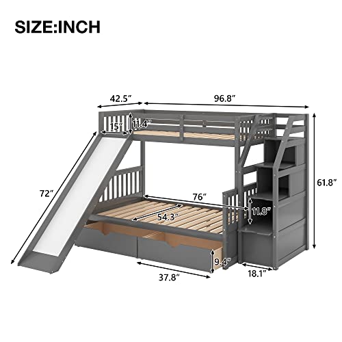 Grey Wood Twin Over Full Bunk Bed with Slides and Drawers D5069