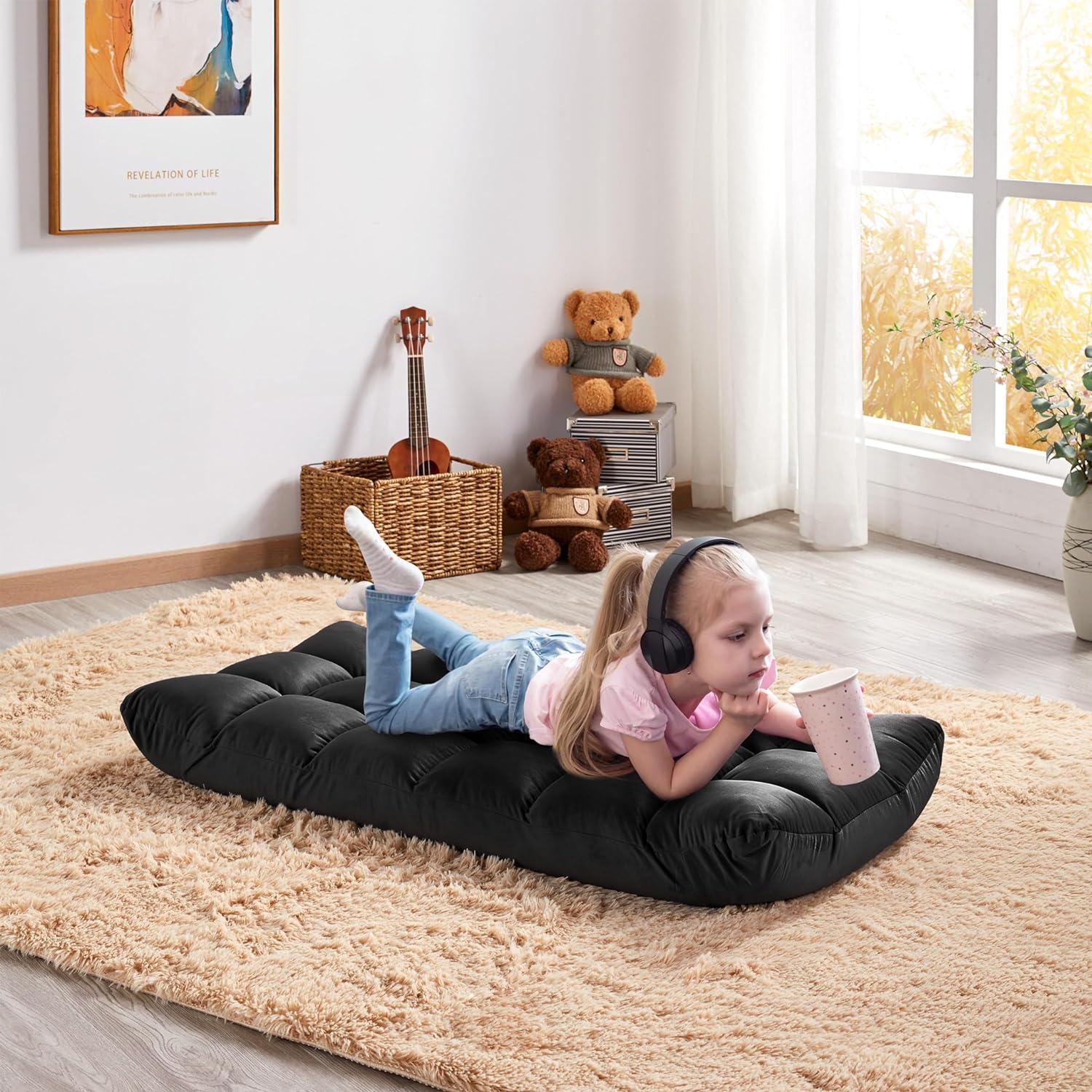 Black Floor Folding Chair with Back Support C51671