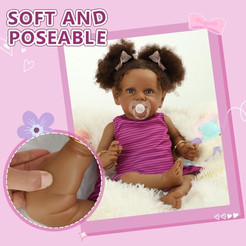 22" Realistic African American Newborn Baby Doll with Two Afro Puffs & Feeding Toys W87060