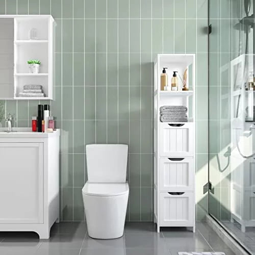 White 12" D x 12" W x 56" H Tall Cabinet with 3 Drawers & 2 Shelves T933