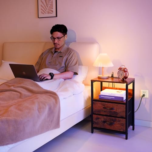 LED Night Stand with Fabric Drawers and Storage Shelf A52281