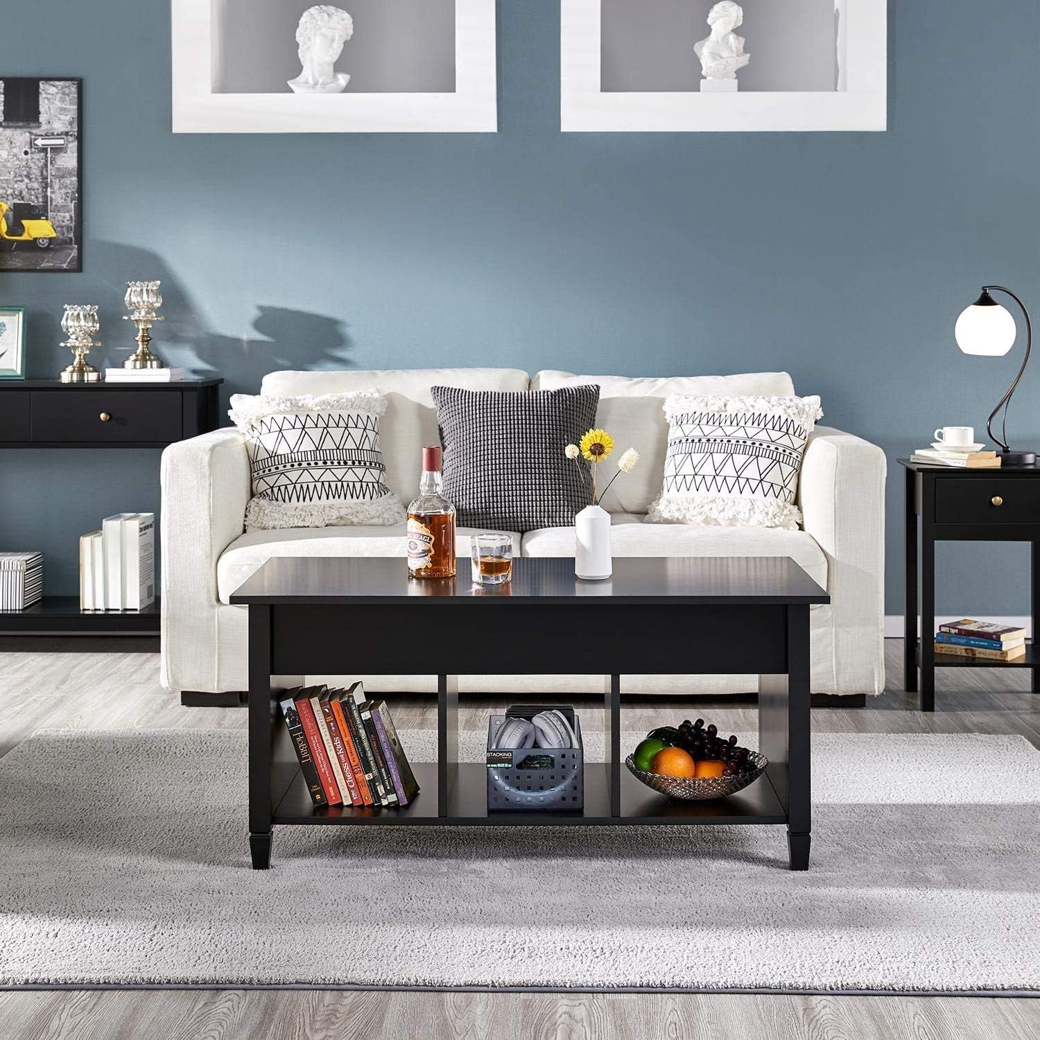 Black Lift Top Wood Coffee Table with Storage Shelf K558