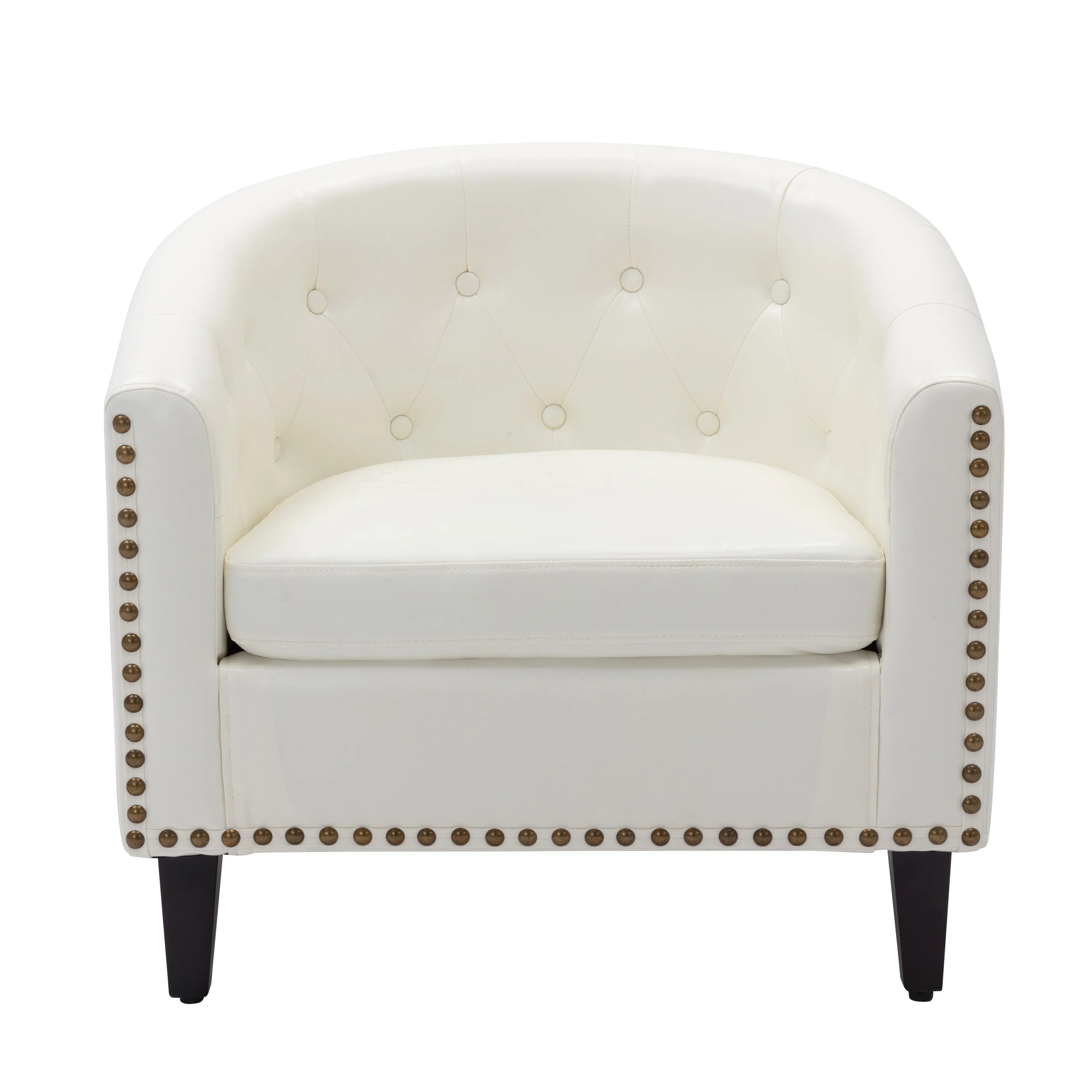 White Pu Leather Barrel Accent Chair with Nailheads and Solid Wood Legs G454