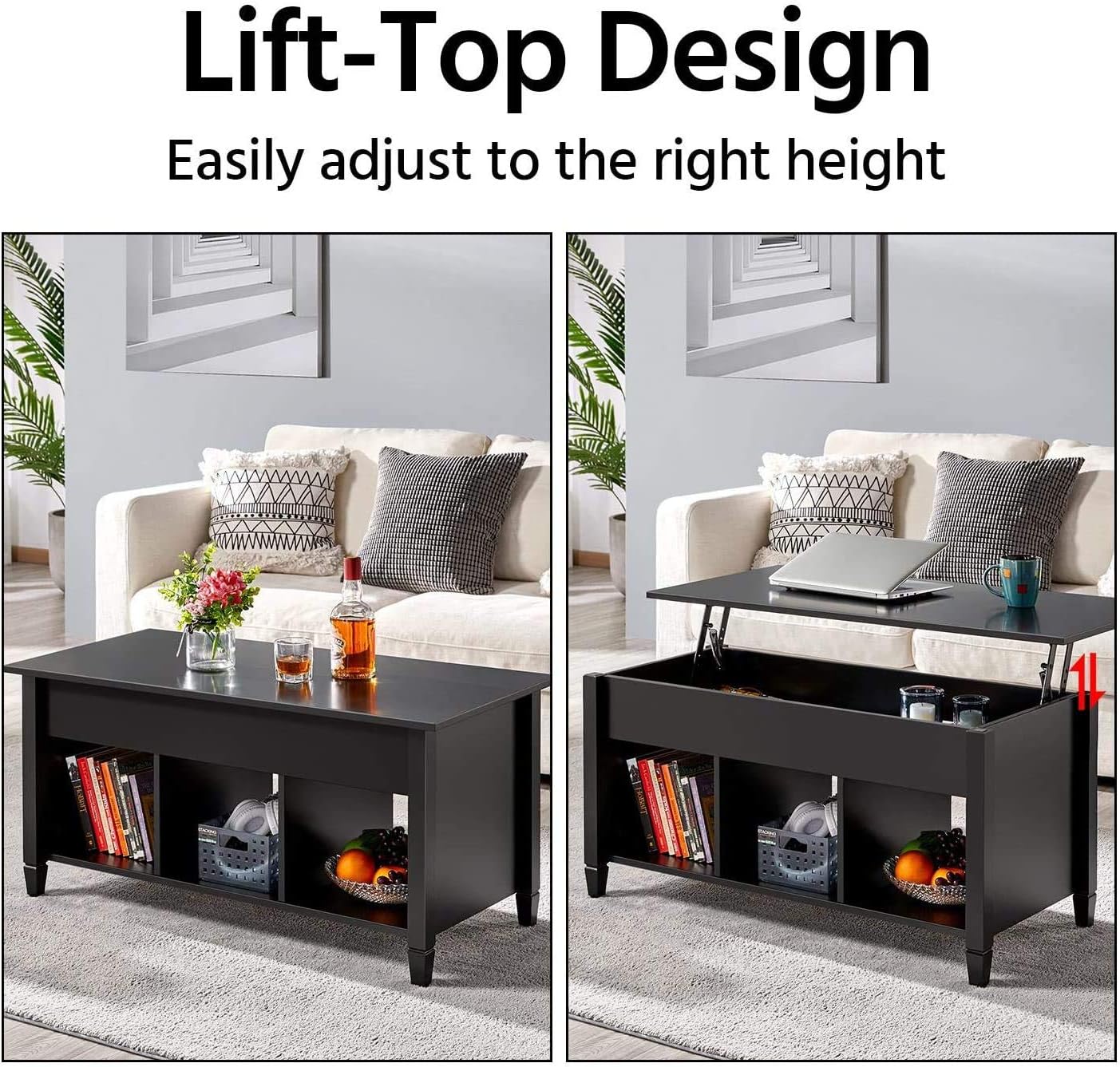 Black Lift Top Wood Coffee Table with Storage Shelf K558