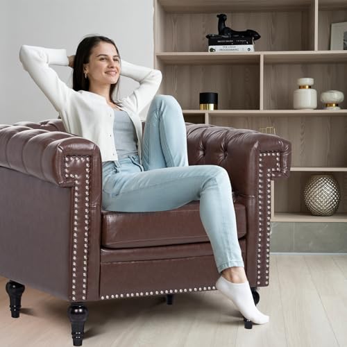 Brown Leather Square Arm Tufted Single Sofa Chair with Nailheads and Solid Wood Legs O898104