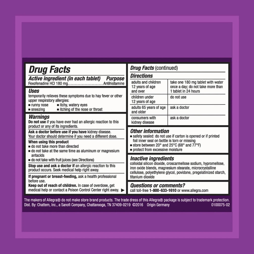 30 Pills 180 mg Antihistamine Tablets F7950