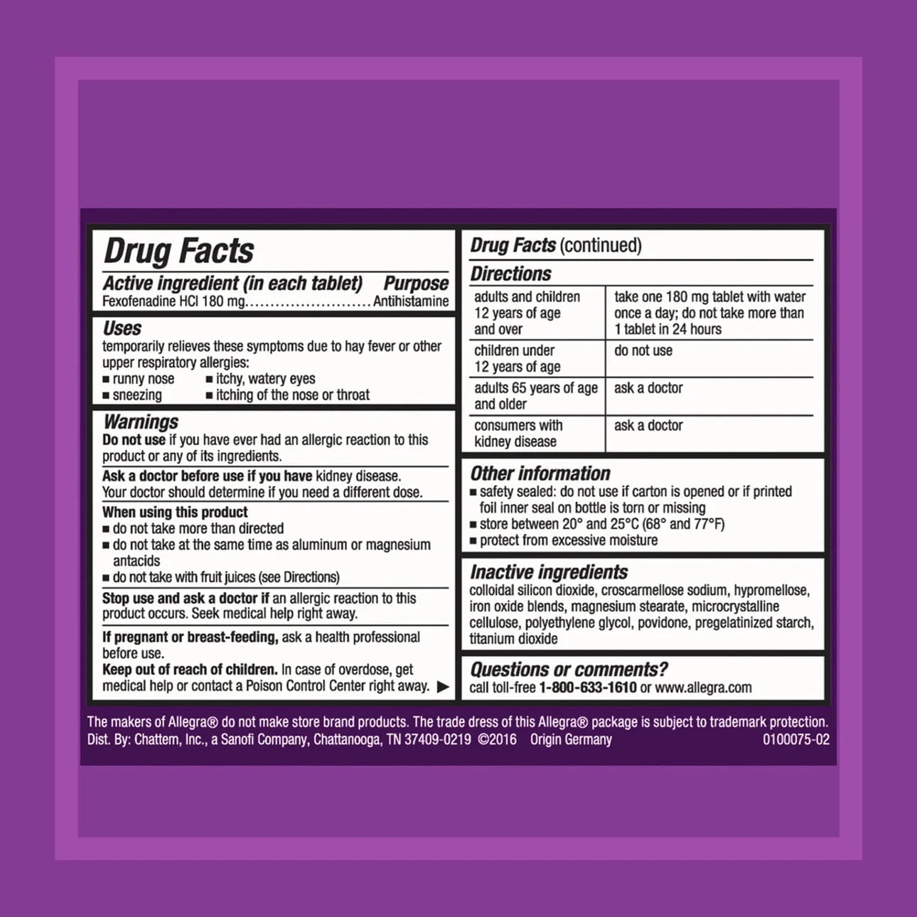 30 Pills 180 mg Antihistamine Tablets F7950