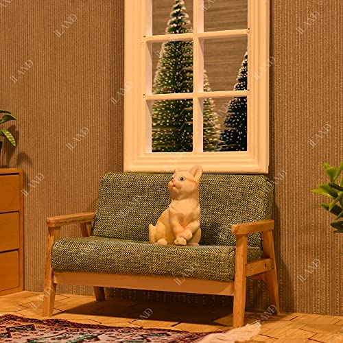 Grey Green Dollhouse Couch and Miniature Sofa Set with Mini Houndstooth Cushions I836048