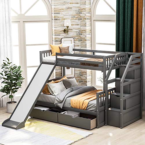 Grey Wood Twin Over Full Bunk Bed with Slides and Drawers D5069