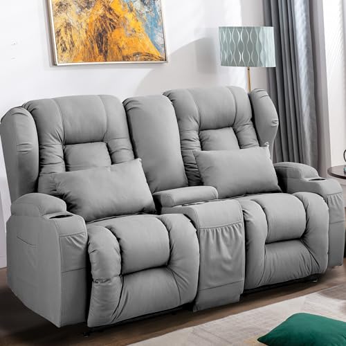 Beige Manual Reclining Loveseat Sofa with Console and Cup Holders A942