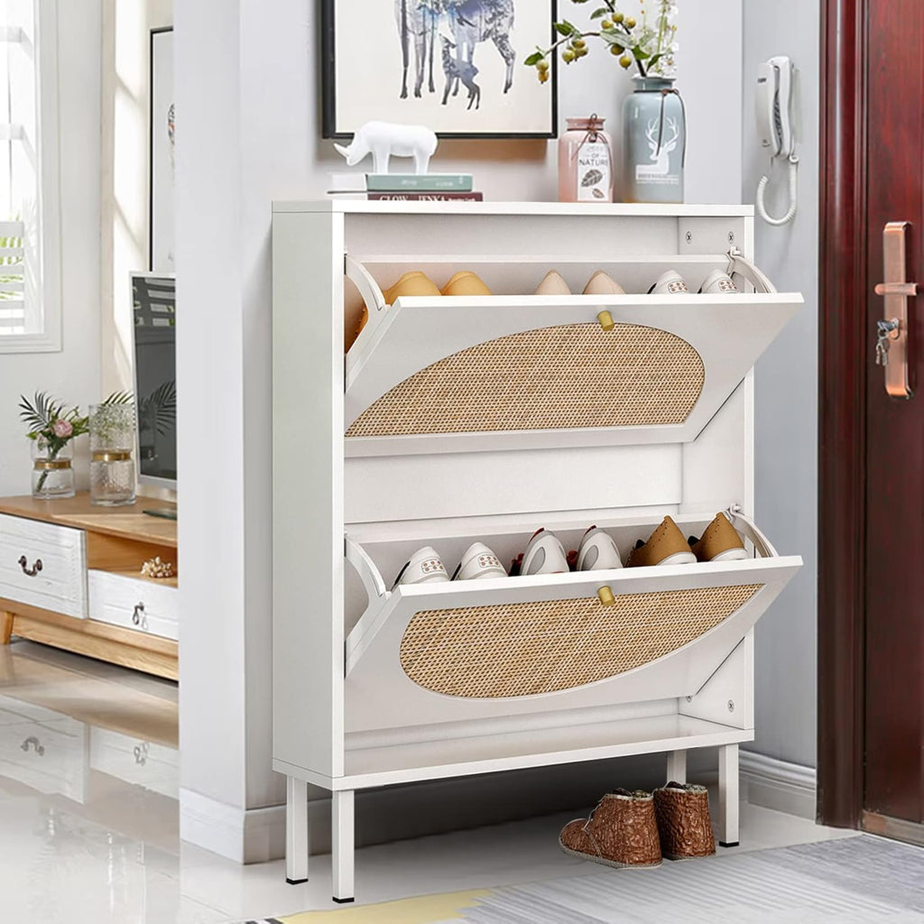 White Rattan Shoe Cabinet with 2 Flip Drawers M1017
