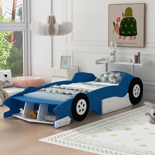 Yellow Twin Size Car-Shaped Wooden Platform Bed with Wheels Y931239