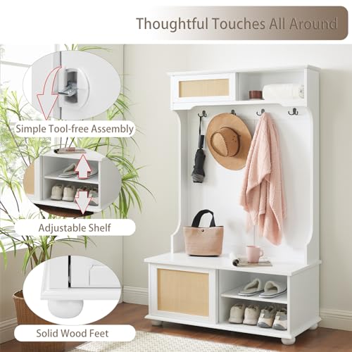 64" 3-in-1 Hall Tree Entryway Four Hooks Rattan Door Shelves Shoe Storage Bench Cabinets with Solid Feet J235716