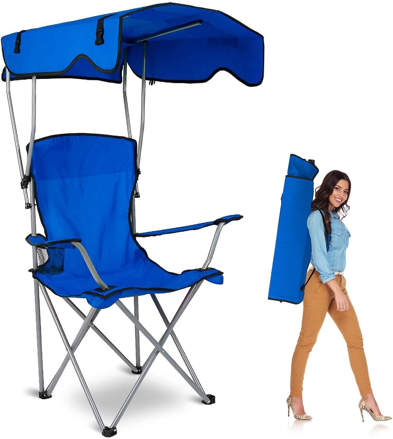 Heavy Duty Folding Camping Lawn Chair with Shade Canopy and Cup Holder (Blue) D4526
