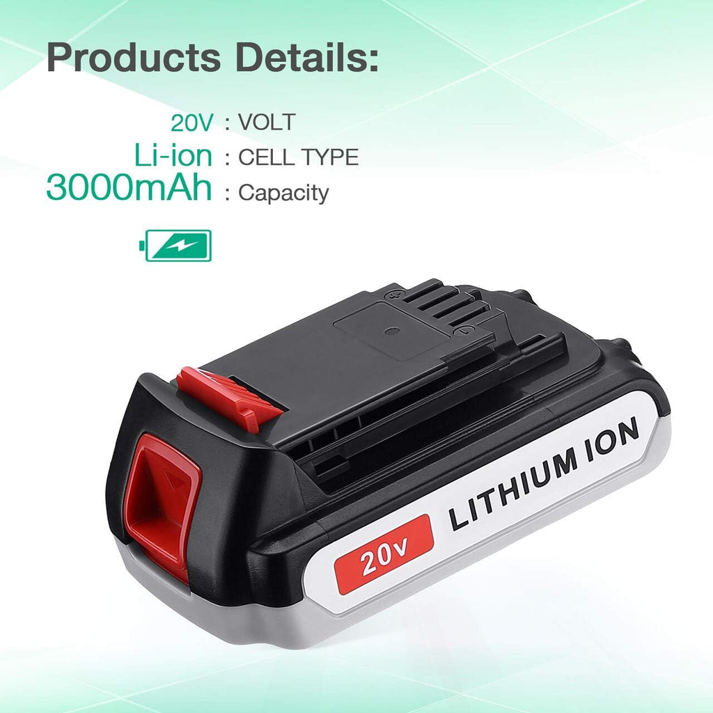3.0Ah LBXR20 Battery 2Packs for Black & Decker 20V Max Li-ion Cordless Tool Q478372
