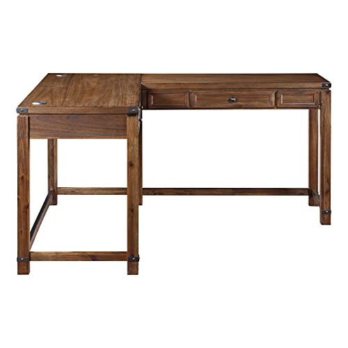 Rustic L-Shape Office Desk with Power Port Drawer, Champagne Oak Finish O314166