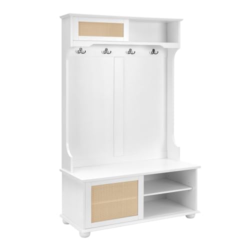 64" 3-in-1 Hall Tree Entryway Four Hooks Rattan Door Shelves Shoe Storage Bench Cabinets with Solid Feet J235716