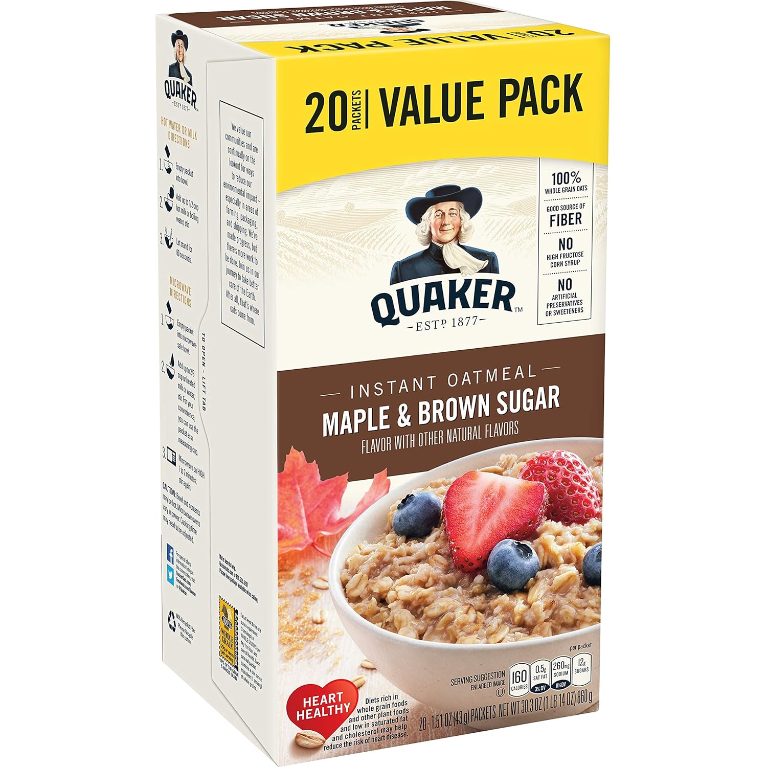 Maple & Brown Sugar Instant Oatmeal, 20 Count, 1.51 oz Packets A54113