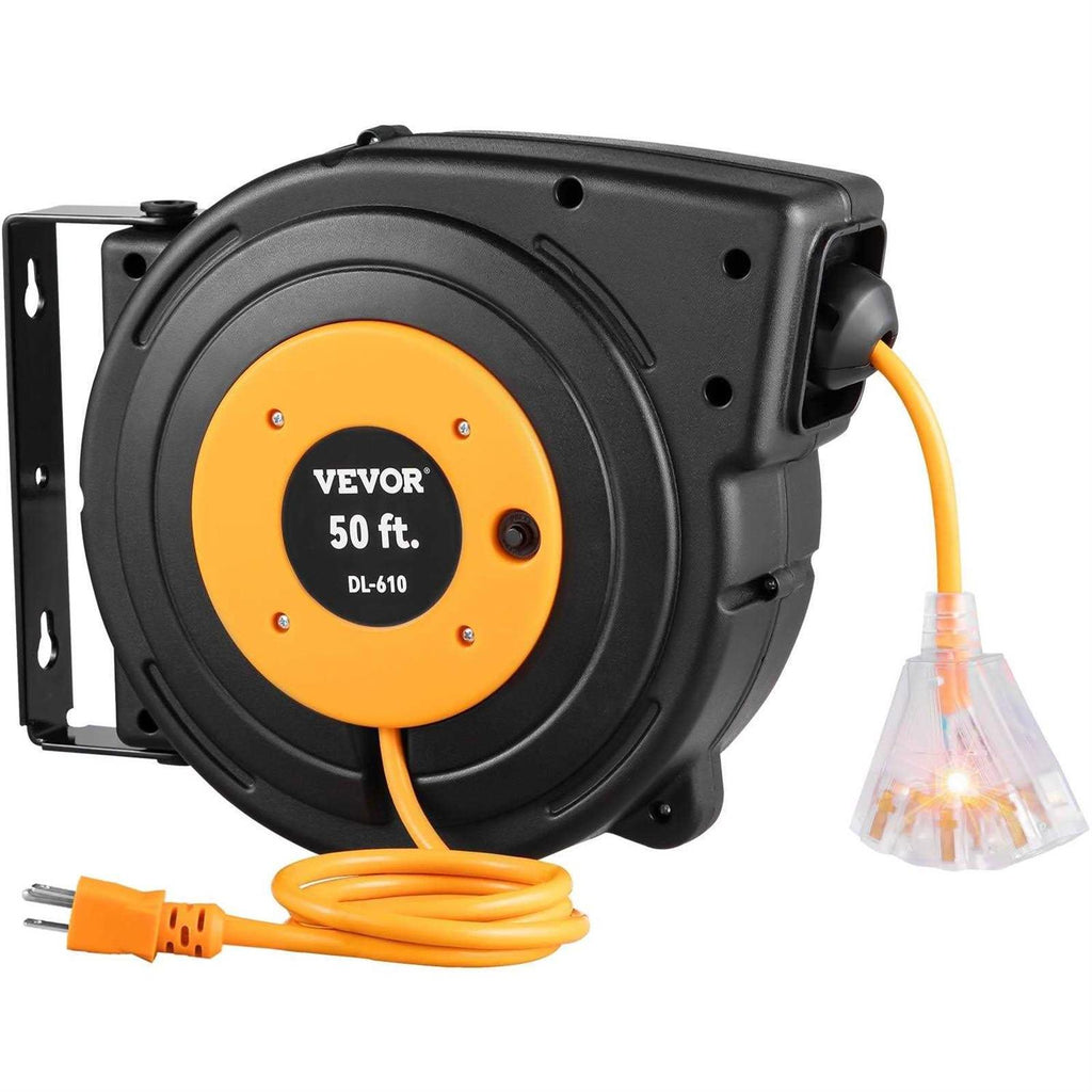 50 ft Heavy Duty 14AWG/3C SJTOW Retractable Extension Cord Reel with Lighted Triple Tap Outlet L688028