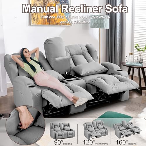 Beige Manual Reclining Loveseat Sofa with Console and Cup Holders A942