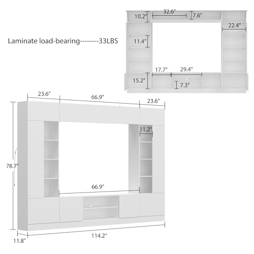 White Entertainment Center with Bookshelves and Doors 81.1"W x 11.8"D x 70.9"H G3246