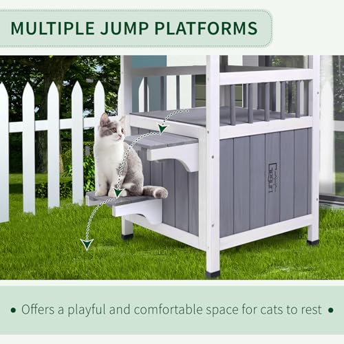 Outdoor Cat House Weatherproof Wooden Two-Story Feral Cat Shelter with Openable Roof Escape Door Balcony Z669967