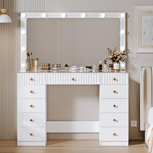 White 9 Drawer Glass Top Makeup Vanity Desk with Mirror and Lights C224